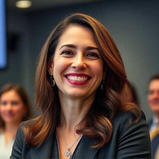 Instrutora de oratória, Dra. Mariana Alves, sorrindo durante uma apresentaäão